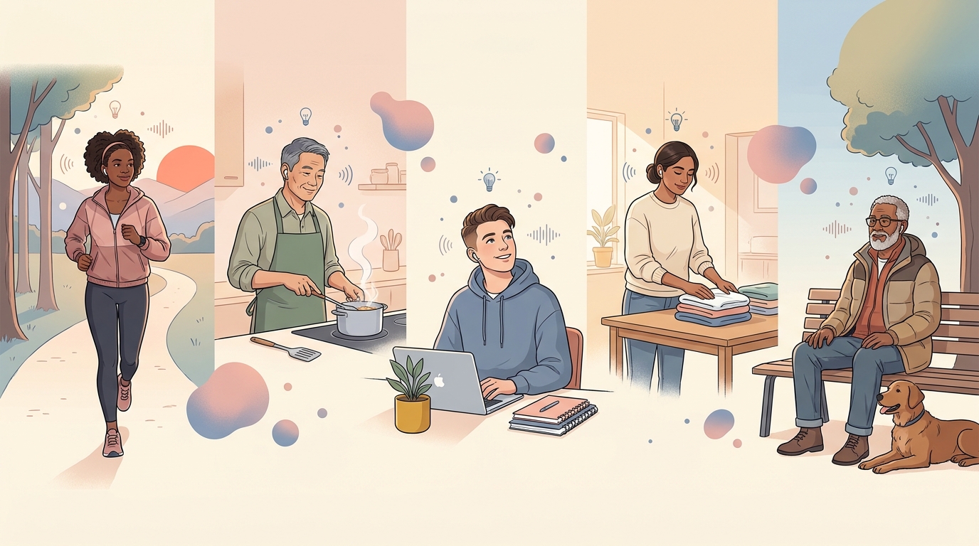 ヘッドホンを着けてラジオを聴き、気づきの光が広がるイラスト