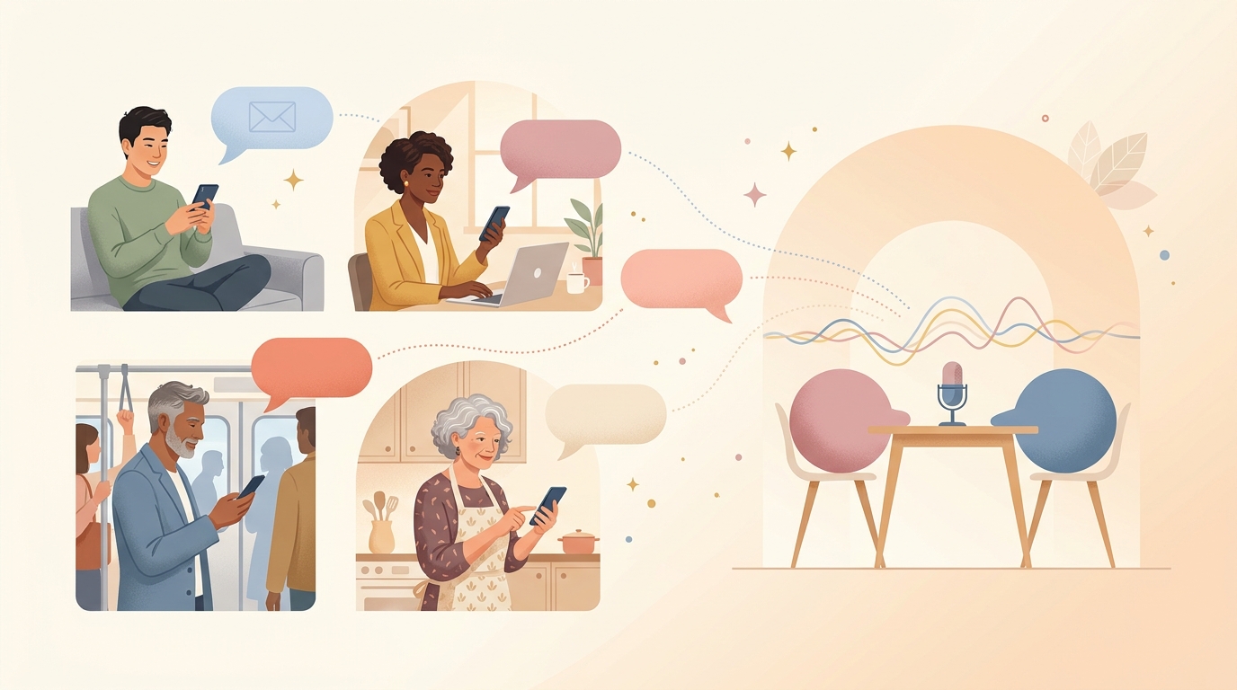 複数の人がスマホからお便りを送り、パーソナリティが番組で読み上げるイラスト