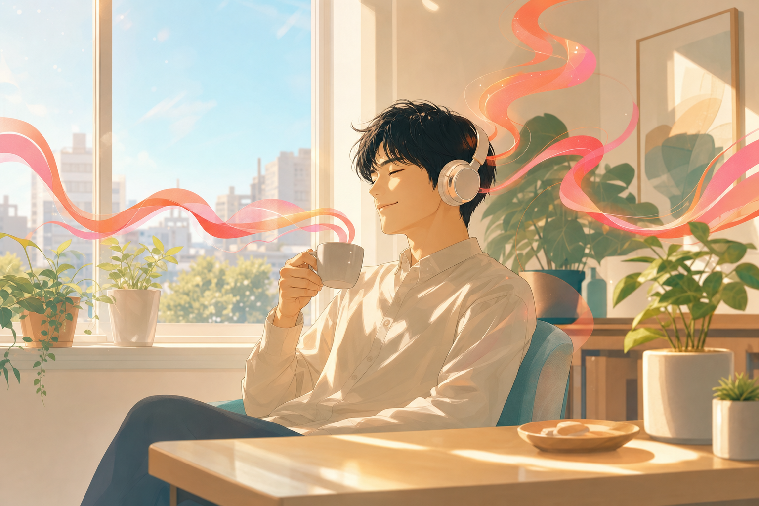 仕事の休憩中に窓辺でコーヒー片手にヘッドホンで笑いながらラジオを聴く人のイラスト