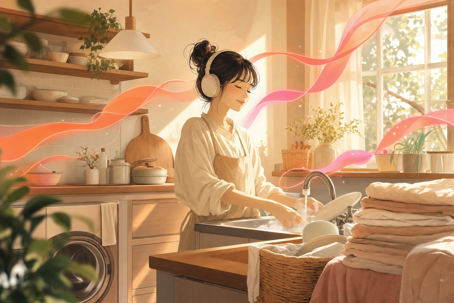家事をしながらヘッドホンでラジオを聴く、日当たりのいい台所の人のイラスト