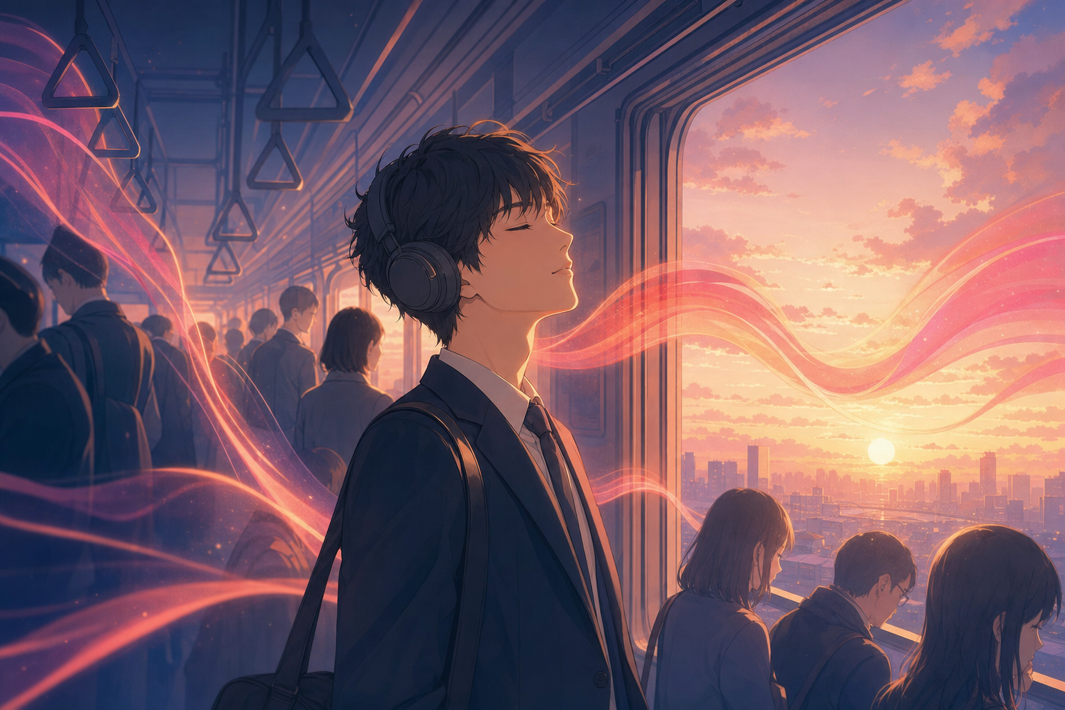朝の通勤電車でヘッドホンをつけ、穏やかにラジオを聴く人のイラスト