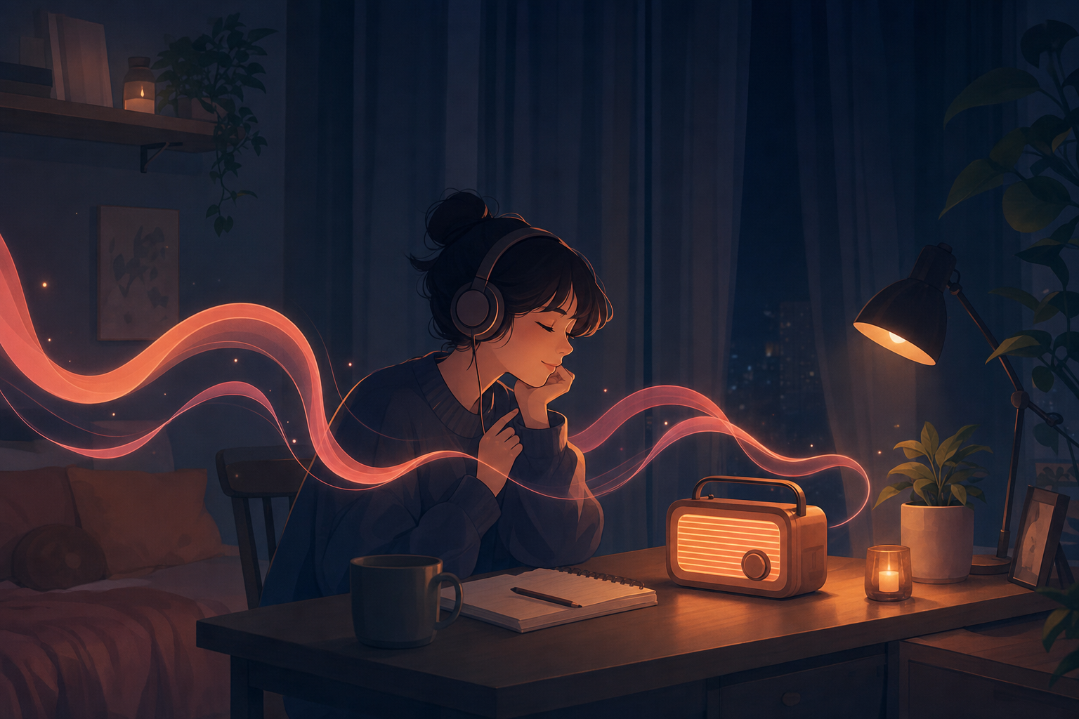 夜、カーテンを閉めた部屋でひとり、あたたかく光るラジオに向かって今日を語る人のイラスト