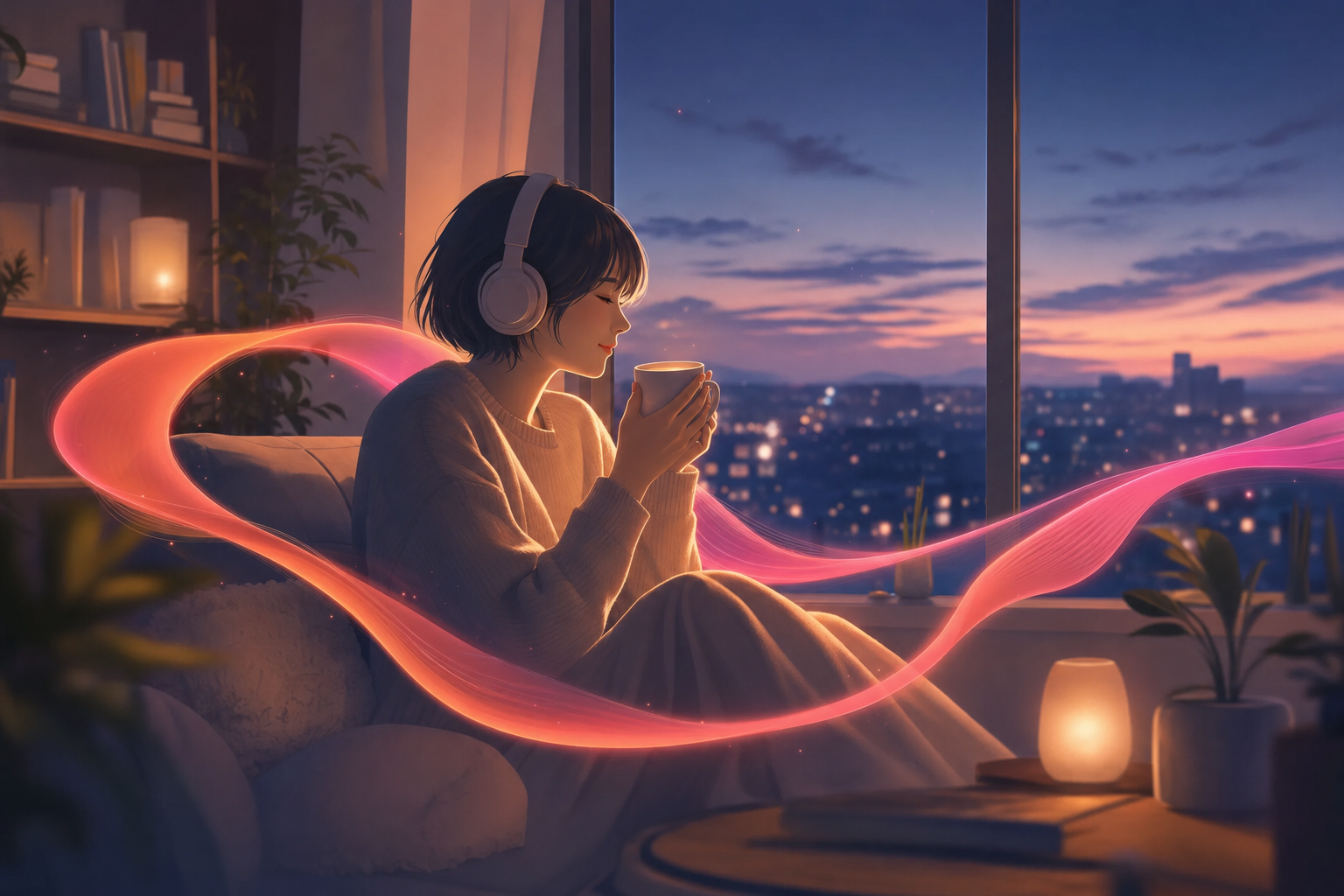 夕暮れの窓辺で温かいカップを手に、ヘッドホンでそっとラジオを聴く人のイラスト
