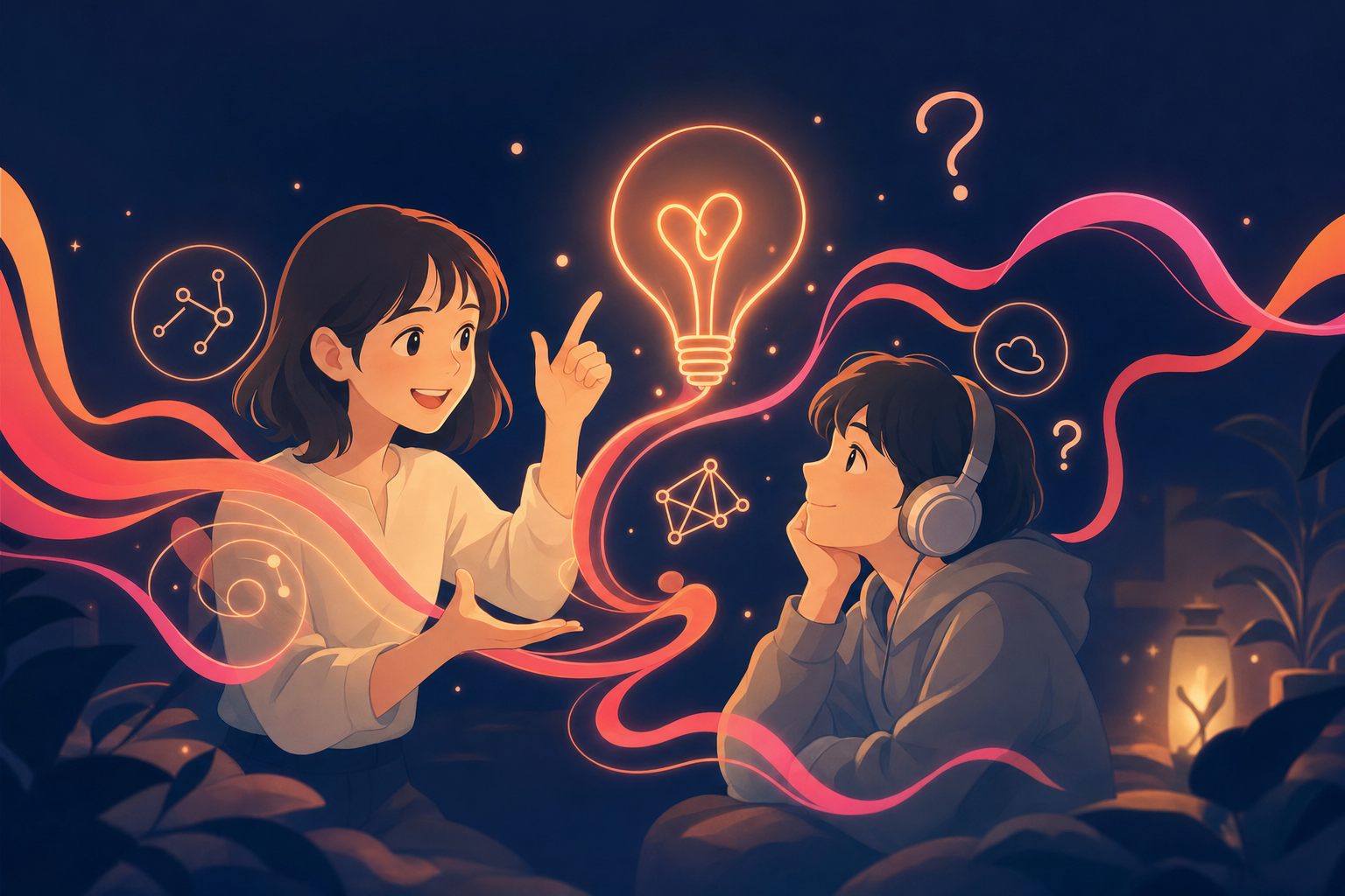 先生役が図や電球を示しながら解説し、ヘッドホンの聞き手が理解して目を輝かせるイラスト