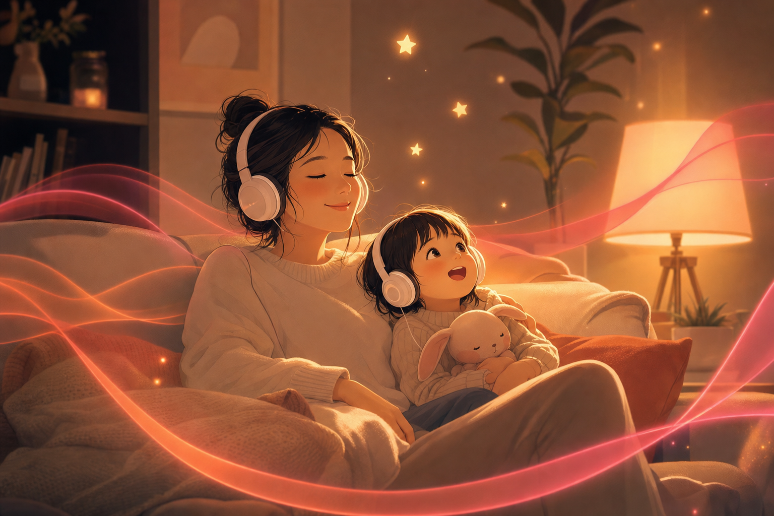 ソファで親子が一緒に、子どもがヘッドホンで楽しそうにラジオを聴くイラスト