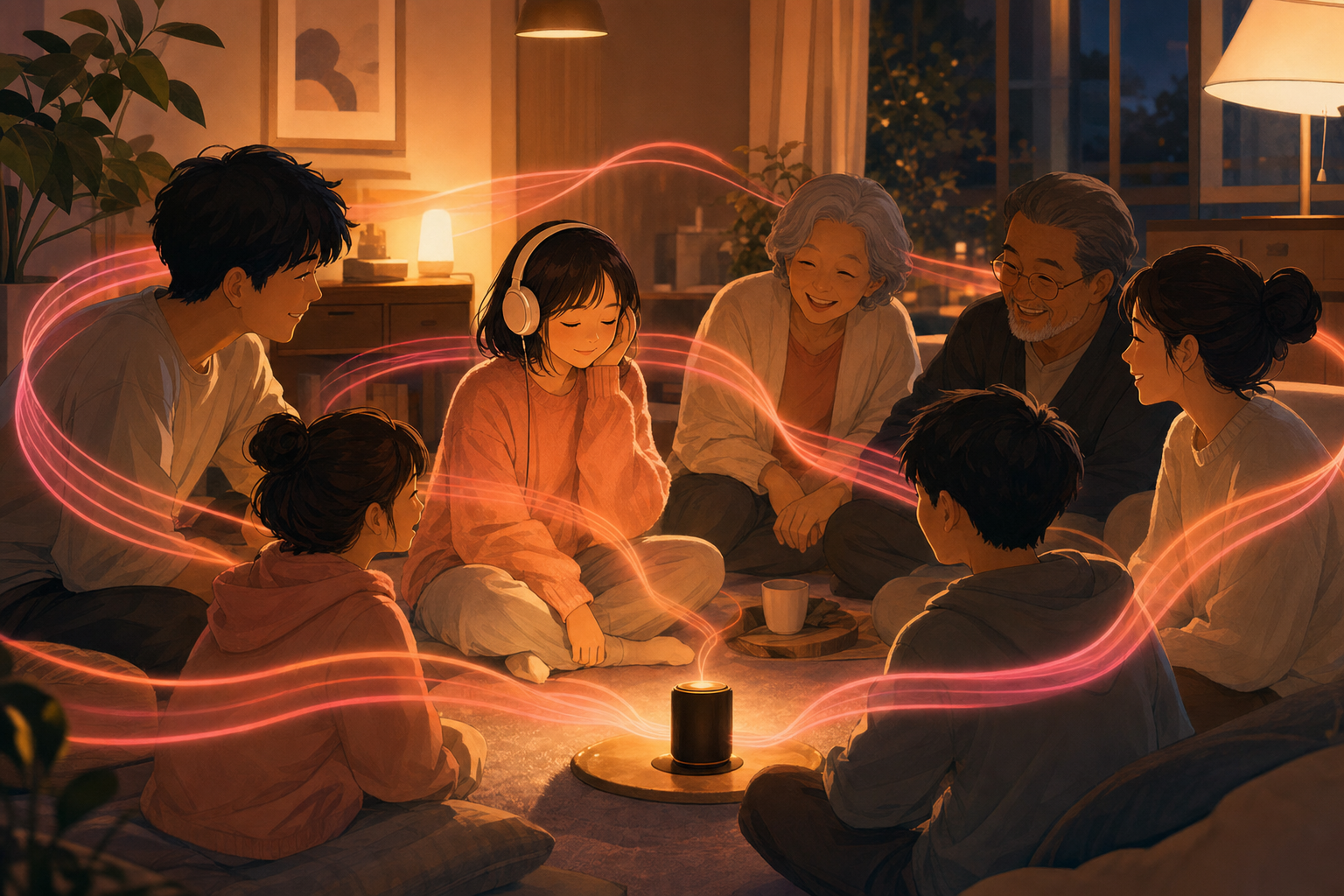 部屋でみんなが1台のスピーカーを囲み、一緒にラジオを聴いて楽しむイラスト