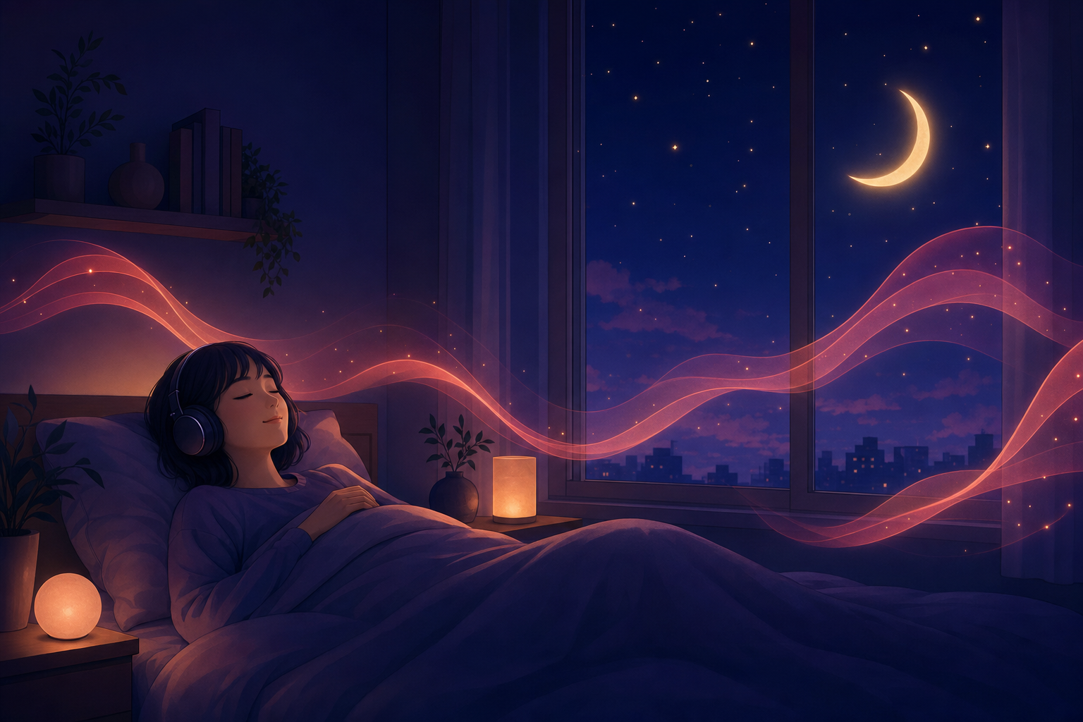 夜、ベッドでヘッドホンをつけ、三日月を眺めながら穏やかにラジオを聴く人のイラスト
